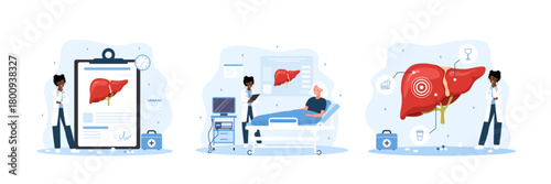 Liver cancer and cirrhosis set. Doctor consultation with medical test and treatment in clinic. Flat illustration.