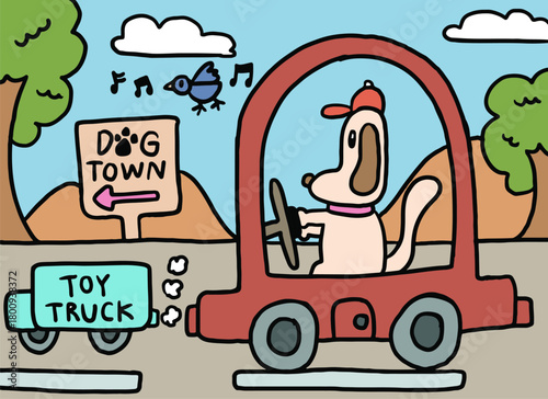 Cute hand drawn scenery of puppy driving a red car, DOG TOWN, toy truck, mountain, tree, bird singing, clear blue sky for background, wallpaper, backdrop, pet shop, vet, transportation, animal print