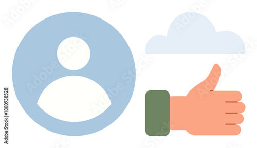 Blue user icon, hand giving thumbs up, and cloud. Ideal for user feedback, approval, online reputation, profiles, social media communication and digital connectivity. Simple flat metaphor
