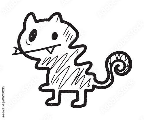 Simple black ink sketch of a funny cartoon animal with pointy ears and a spiral tail, a whimsical doodle character illustration with a rough, hand-drawn texture