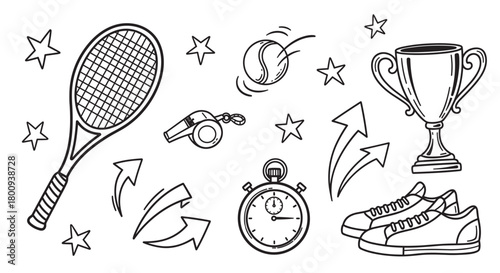 Hand-drawn vector set of tennis and sports competition elements, including a racket, ball, trophy, sneakers, whistle, and stopwatch in a simple outline doodle style