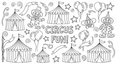 A fun black and white doodle set featuring circus tents, happy clowns, balloons, and stars, perfect for a children's coloring page or activity book illustration