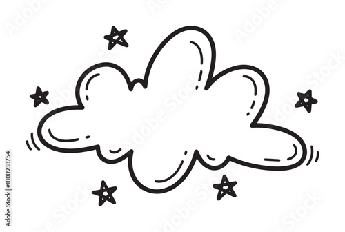 A whimsical hand-drawn doodle of a fluffy cloud surrounded by stars, creating a cute and magical frame or speech bubble isolated on a clean white background