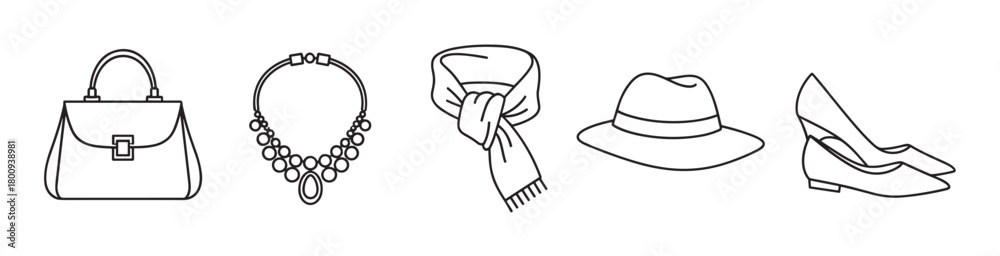 Obraz premium Minimalist black line art icon set of classic women's fashion accessories featuring a handbag, jewelry, scarf, hat, and high heels, isolated on a clean white background