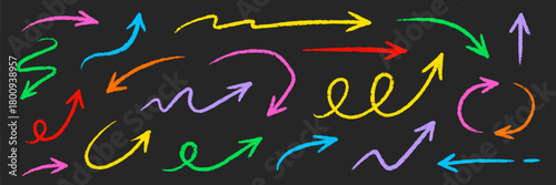 Arrow crayon pastel pencil chalk color line stroke. Sketch chalk pastel color pencil texture line kid fun arrow icon. Hand drawn grunge crayon pencil brush direction elements. Vector illustration