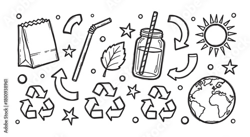 Hand-drawn illustration set with an ecological theme, including recycling symbols, planet earth, a paper bag, and a reusable glass jar in a sketchy doodle style