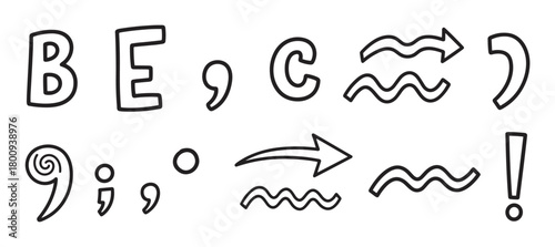 A collection of hand-drawn doodle style letters, punctuation marks, arrows, and abstract symbols with a thick black outline, isolated on a plain white background