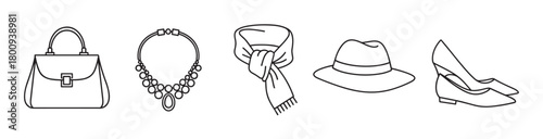 Minimalist black line art icon set of classic women's fashion accessories featuring a handbag, jewelry, scarf, hat, and high heels, isolated on a clean white background