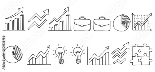 A set of hand-drawn business and finance icons in a doodle style, including growth charts, pie graphs, briefcases, light bulbs, and puzzle pieces, isolated on a white background