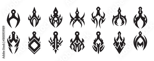 A diverse set of abstract black icons with a sharp, tribal aesthetic, featuring symmetrical fantasy-style emblems and mystical symbols isolated on a plain white background