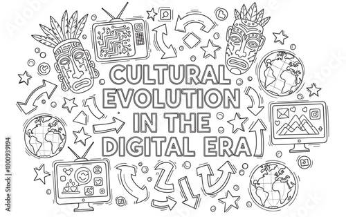 Hand-drawn doodle illustration concept of cultural evolution in the digital era, mixing traditional tribal masks with modern technology like computers and social media icons