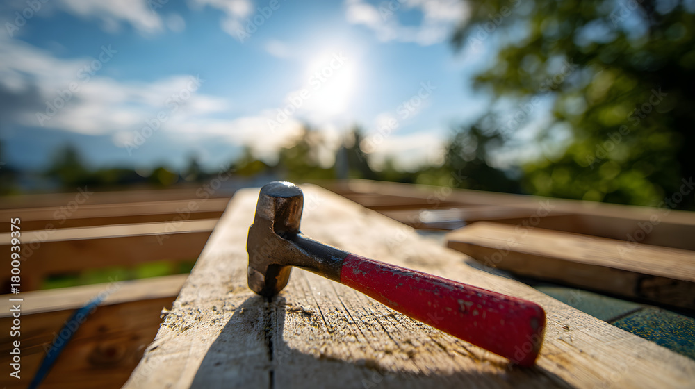 Fototapeta premium A hammer on the roof of an unfinished house has wooden beams in the blurred background and copy space. Illustration of a construction background.