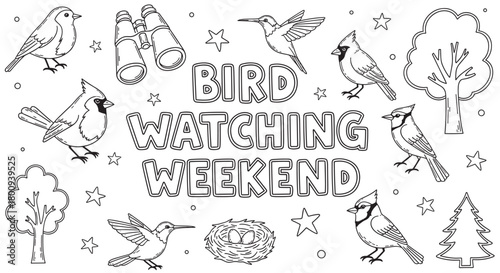 A black and white coloring page illustration for a bird watching weekend, featuring various birds like cardinals and hummingbirds, binoculars, trees, and a nest with eggs