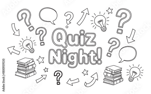 A fun, hand-drawn black and white illustration for a quiz night, featuring bold lettering with doodle elements like question marks, books, and ideas represented by light bulbs