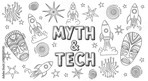 A conceptual black and white line art illustration contrasting myth and technology with doodles of rockets, tribal masks, circuit boards, and stars on a white background