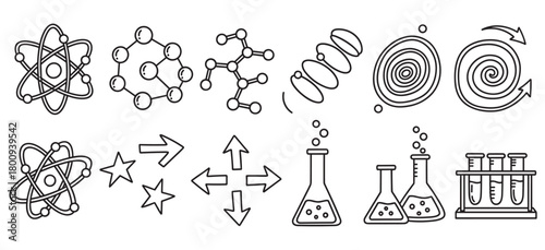 A collection of hand-drawn science and research icons, including atoms, molecules, and laboratory glassware, isolated on a white background in a minimalist doodle style