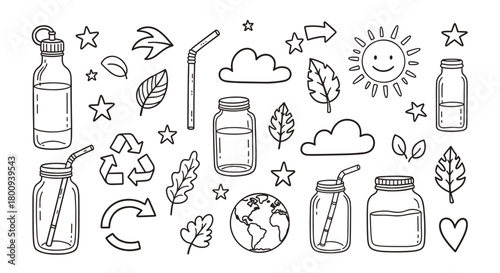 A collection of hand-drawn doodle icons representing an eco-friendly and sustainable lifestyle with reusable bottles, recycling symbols, and planet earth illustrations