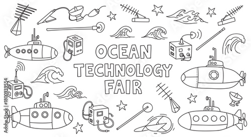 A black and white coloring page illustration for an ocean technology fair, featuring a set of hand-drawn doodles like submarines, antennas, waves, and scientific equipment