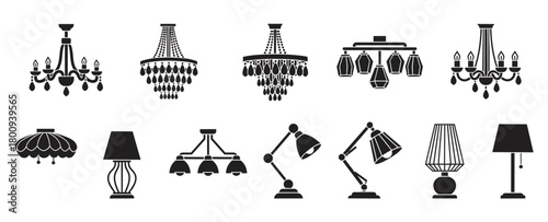 A diverse collection of black silhouette icons representing various types of home lighting fixtures, including chandeliers, ceiling lights, and table lamps for interior design concepts