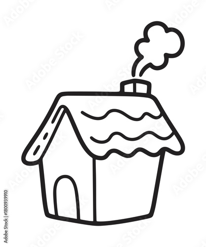 A simple black and white doodle of a cozy little house with a wavy roof and smoke coming from the chimney, isolated on a white background in a cute hand-drawn style