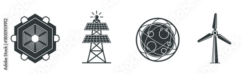 A set of monochrome vector icons representing renewable energy, science, and futuristic technology, including a solar panel tower, wind turbine, and abstract geometric symbols