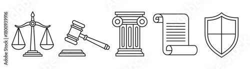 A set of black and white line art icons representing law and justice, including scales, a gavel, a column, a scroll, and a shield, isolated on a white background