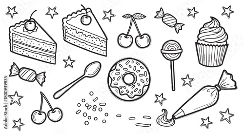 Whimsical black and white line art set of delicious desserts and confectionery items, including cake slices, a cupcake, and a donut, in a cute doodle style