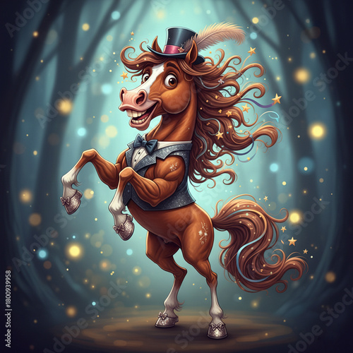 A whimsical horse stands dapper in formal attire.