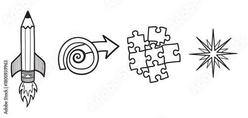 Hand-drawn doodle illustration of a creative workflow, from an idea launch with a pencil rocket, through strategic problem-solving with a puzzle, to a successful star result