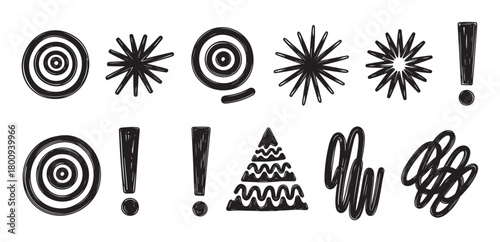 Set of various monochrome doodle elements in a sketchy, hand-drawn style, featuring abstract geometric shapes, scribbles, and punctuation marks for creative design projects
