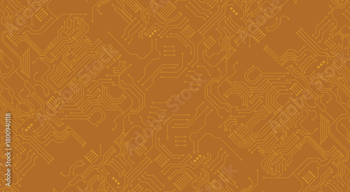 Abstract black circuit board technology connected lines electronics elements computer motherboard chip processor semiconductor digital on orange background vector