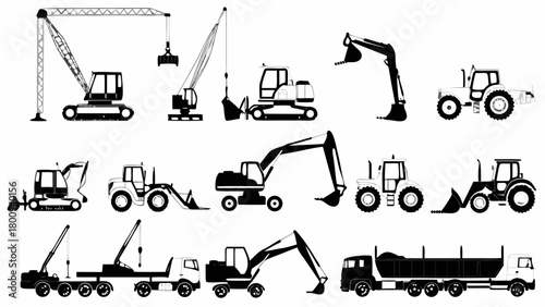 Essential construction equipment silhouettes collection for building and infrastructure projects, originally a vector graphic