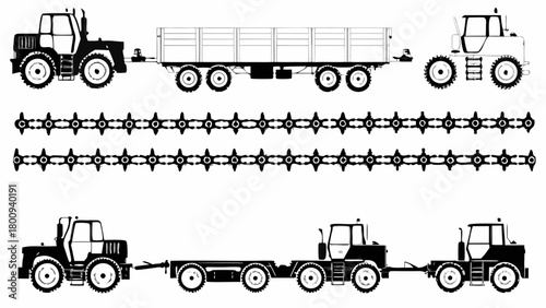 Tractors and farming equipment silhouettes, agricultural machinery with trailer, monochrome vector illustration