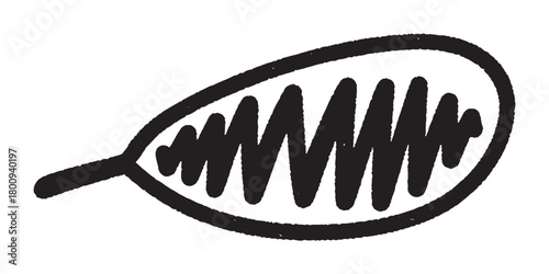 A simple black and white hand-drawn illustration of a stylized leaf with a zigzag pattern, created in a minimalist doodle style and isolated on a clean white background