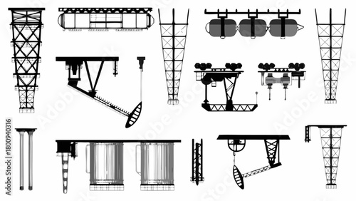 Striking industrial architecture featuring bridge crane systems in detailed monochrome designs, scalable art
