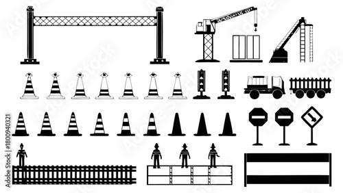 Vector construction site elements featuring cranes, traffic cones, signs, and safety barriers