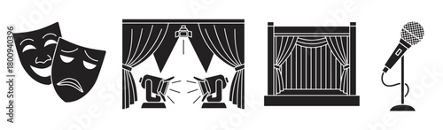 Minimalist black silhouette icon set for performing arts, featuring theatrical masks, a stage with curtains and lights, and a microphone isolated on a white background