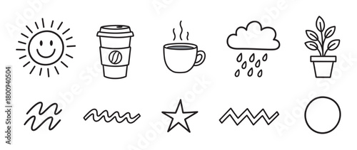 A collection of cute hand-drawn doodle icons in black line art style, featuring a smiling sun, coffee cups, rain cloud, potted plant, star, and abstract shapes isolated on white