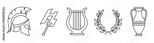 A collection of classical antiquity symbols, including a warrior helmet, thunderbolt, lyre, laurel wreath, and amphora, illustrated in a clean, minimalist black outline style on a white background