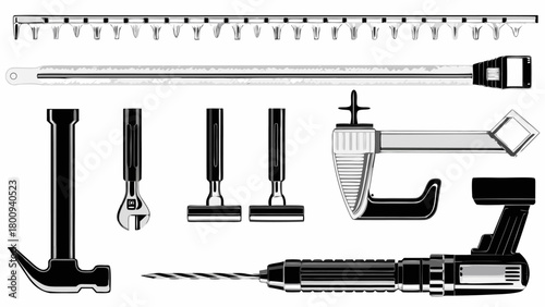 Essential construction tools showcase hammer, drill, razor and other equipment in vector style