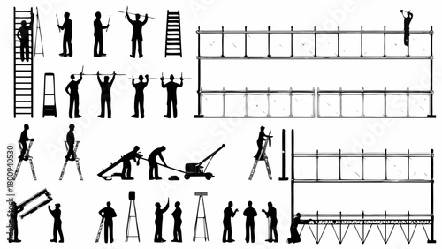 Construction worker silhouettes working on scaffolding, ladders, and building structures vector art