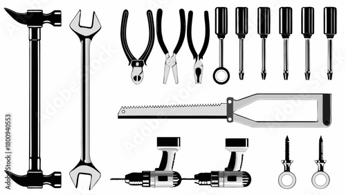 Essential tools for home repair with a hammer, wrench, pliers and hand saw for DIY projects
