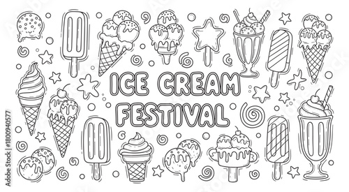 A charming black and white line art illustration featuring a variety of cartoon ice cream desserts, including cones, sundaes, and popsicles, arranged as a banner for a sweet food festival