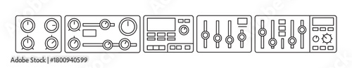 Set of minimalist line art icons representing various technology control panels, audio mixers, and dashboards with adjustment knobs, faders, and buttons isolated on a white background