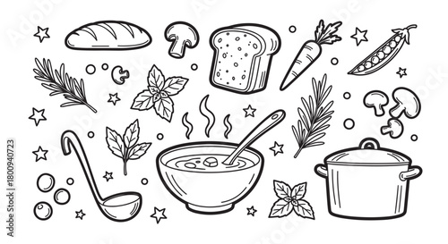 Hand-drawn doodle collection of homemade soup ingredients and cooking elements, including a steaming bowl, fresh vegetables, bread, herbs, a pot, and a ladle in a line art style