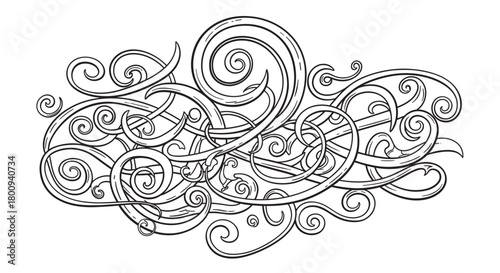 An elegant hand-drawn black line art illustration of an intricate ornamental design with swirling, interlacing lines and spirals on a soft beige background, evoking a classic, vintage feel