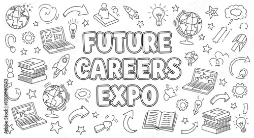 Hand-drawn doodle banner for a future careers expo, with icons of education, technology, and science like laptops, books, globes, and rockets on a white background