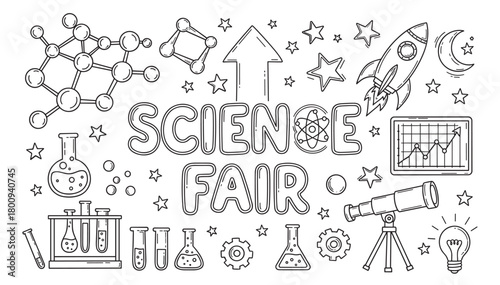 A black and white line art illustration for a science fair, featuring educational doodles of a rocket, telescope, molecules, and laboratory equipment on a clean white background