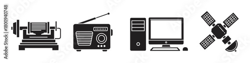 A set of black technology icons including an electric generator, a vintage radio, a desktop computer, and a communication satellite, isolated on a white background