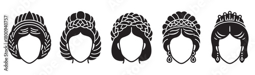 A collection of five black and white vector icons showing various historical and fantasy female hairstyles with braids, updos, and crowns, isolated on a white background